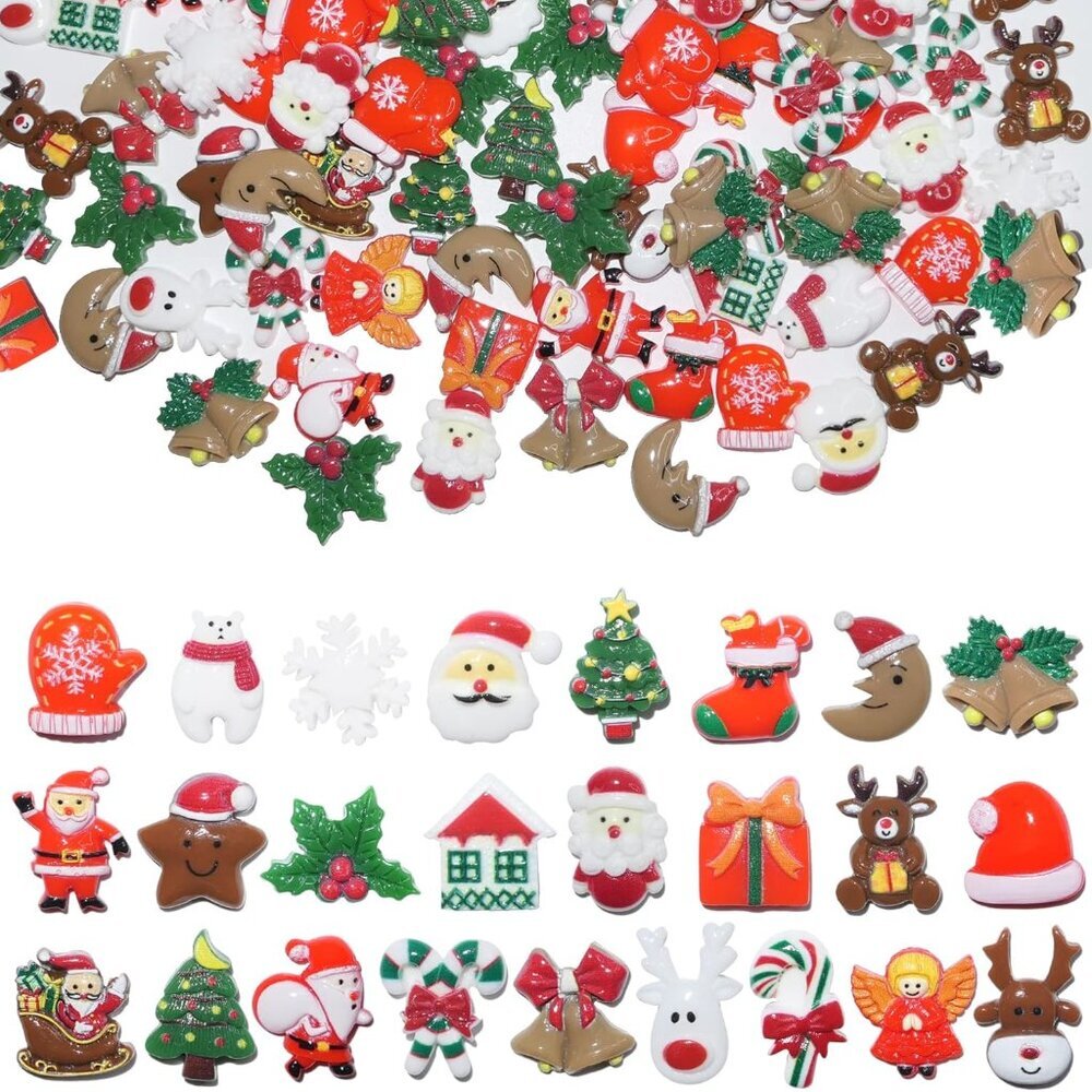 Christmas Resin Charms for Crafts,100 Pcs Flatback Slime Charm Beads Miniature O